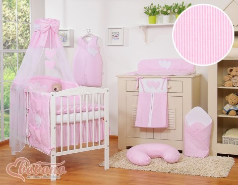 Pościel 5-cz 120x90 z baldachimem - Wiszące Serduszka paseczki różowe