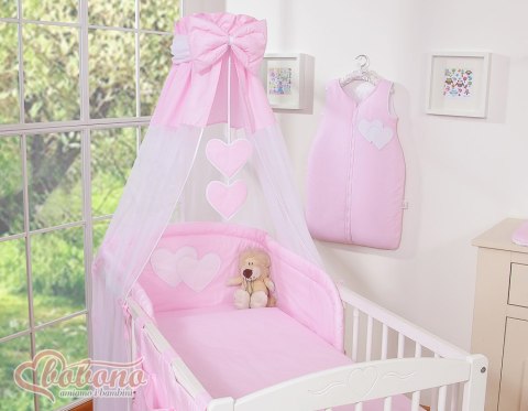 Pościel 5-cz 120x90 z baldachimem - Wiszące Serduszka paseczki różowe