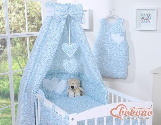 Pościel 5-cz z 120x90 baldachimem - Wiszące Serduszka łączka niebieska