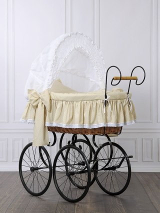 Wiklinowy kosz Mojżesza Retro ze składaną budką Christine - naturalny + beżowa pościel z koronką