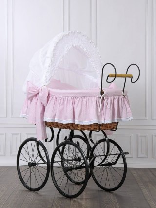 Wiklinowy kosz Mojżesza Retro ze składaną budką Christine - naturalny + różowa pościel z koronką