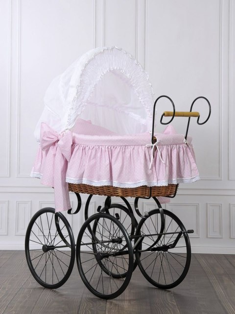 Wiklinowy kosz Mojżesza Retro ze składaną budką Christine - naturalny + różowa pościel z koronką