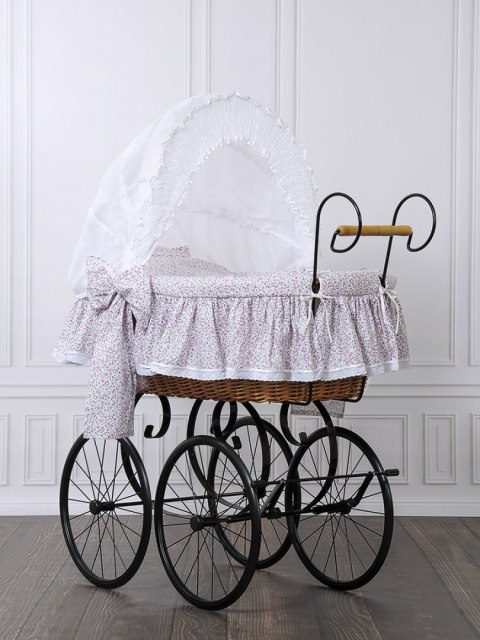 Wiklinowy kosz Mojżesza Retro ze składaną budką Jasmine - naturalny + różowa pościel z koronką