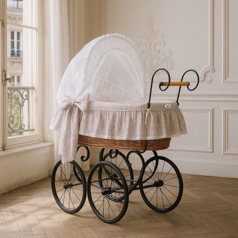 Wiklinowy kosz Mojżesza Retro ze składaną budką Jasmine - naturalny + różowa pościel z koronką