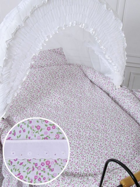 Wiklinowy kosz Mojżesza Retro ze składaną budką Jasmine - naturalny + różowa pościel z koronką