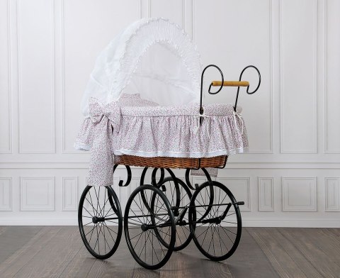 Wiklinowy kosz Mojżesza Retro ze składaną budką Jasmine - naturalny + różowa pościel z koronką