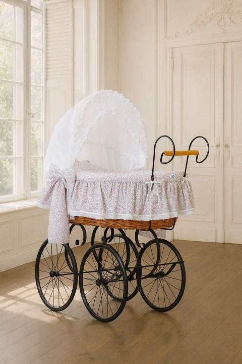 Wiklinowy kosz Mojżesza Retro ze składaną budką Jasmine - naturalny + różowa pościel z koronką