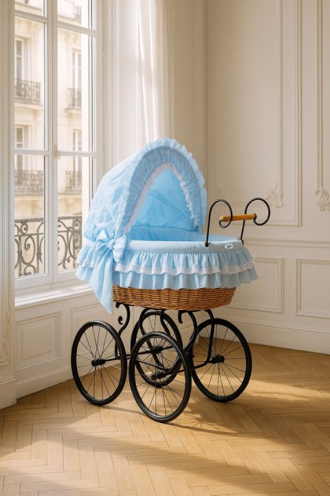 Wiklinowy kosz Mojżesza Retro ze składaną budką Victoria - naturalny + niebieska pościel z koronką