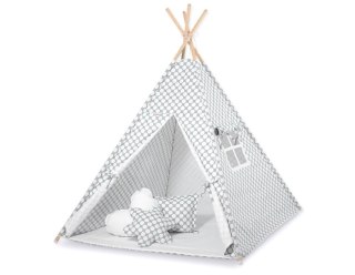 Namiot Tipi dla dzieci + zawieszki pióra - Grochy szare