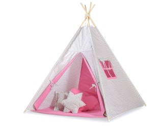 Namiot Tipi dla dzieci+ zawieszki pióra - Kratka szara - różowy