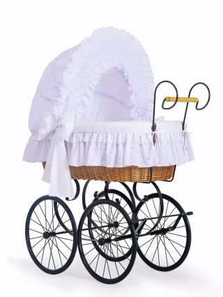 Wiklinowy kosz Mojżesza Retro ze składaną budką Charlotte - naturalny + biała pościel z koronką