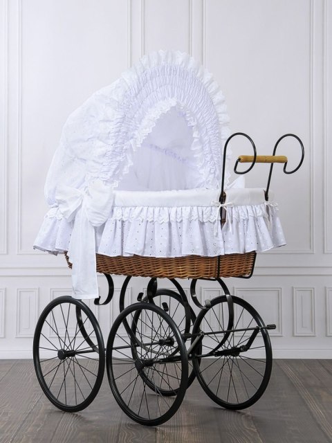 Wiklinowy kosz Mojżesza Retro ze składaną budką Charlotte - naturalny + biała pościel z koronką