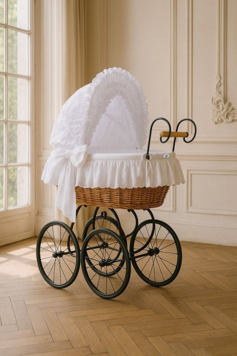 Wiklinowy kosz Mojżesza Retro ze składaną budką Charlotte - naturalny + biała pościel z koronką