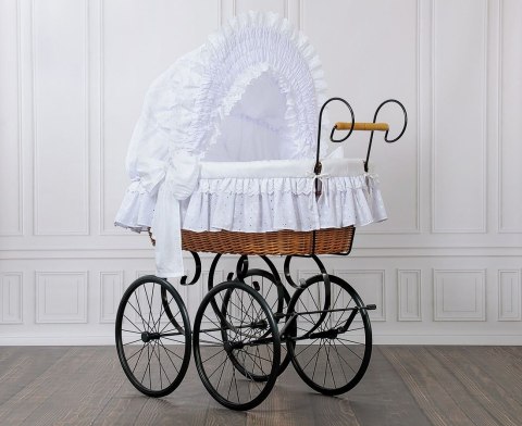 Wiklinowy kosz Mojżesza Retro ze składaną budką Charlotte - naturalny + biała pościel z koronką