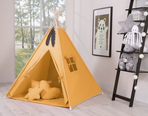 Namiot Tipi dla dzieci + zawieszki pióra - musztardowy