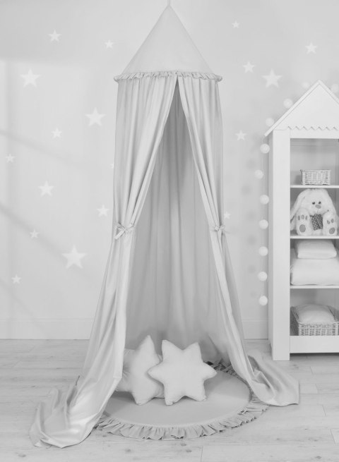 Zestaw: baldachim wiszący do pokoju dziecięcego, mata z falbanką, poduszki - szary