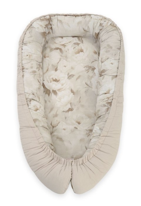 Kokon niemowlęcy dwustronny kojec otulacz Premium BOBONO- Peonies beige/ kamienna szarość