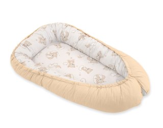 Kokon niemowlęcy dwustronny kojec otulacz Premium BOBONO- beżowy miś z tęczą/ beż