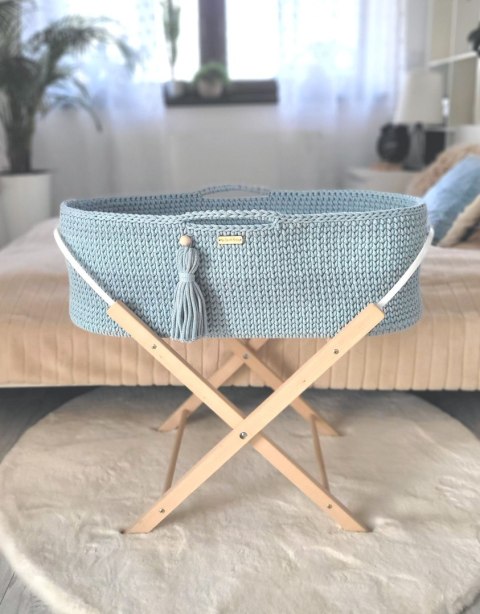 Kosz Mojżesza BOHO bawełniany Handmade z materacykiem - misty blue