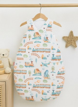 Śpiworek dla dzieci bawełniany M 3-12 mcy TOG 2.5 całoroczny ocieplany - pociąg turkusowy