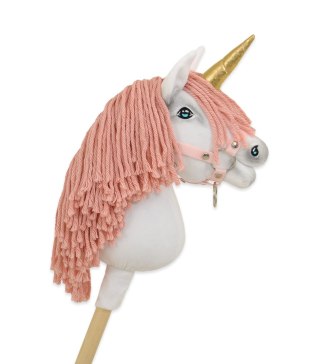 Hobby Horse Jednorożec na kiju biały, grzywa brudny róż i złoty róg A4