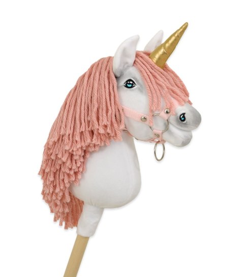 Hobby Horse Jednorożec na kiju biały, grzywa brudny róż i złoty róg A4