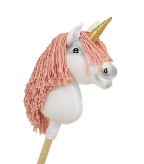 Hobby Horse Jednorożec na kiju biały, grzywa brudny róż i złoty róg A4