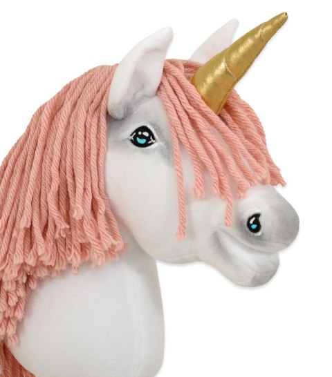 Hobby Horse Jednorożec na kiju biały, grzywa brudny róż i złoty róg A4