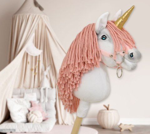 Hobby Horse Jednorożec na kiju biały, grzywa brudny róż i złoty róg A4