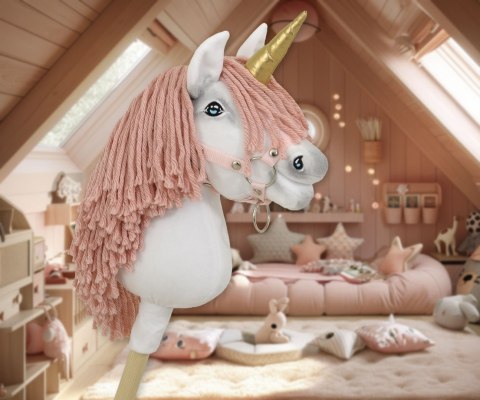 Hobby Horse Jednorożec na kiju biały, grzywa brudny róż i złoty róg A4