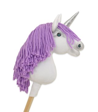 Hobby Horse Jednorożec na kiju biały, grzywa fioletowa i srebrny róg A4