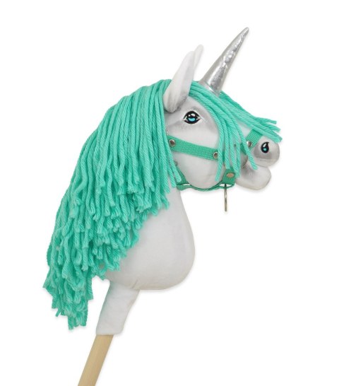 Hobby Horse Jednorożec na kiju biały, grzywa miętowa i srebrny róg A4