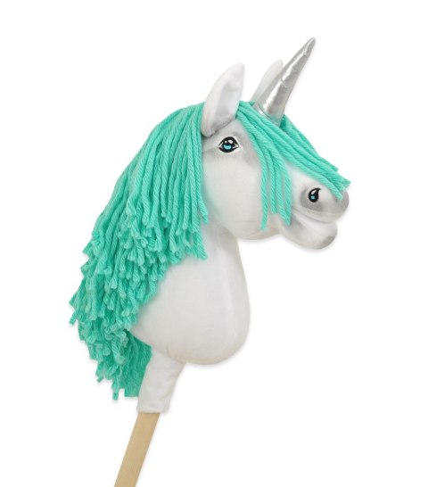 Hobby Horse Jednorożec na kiju biały, grzywa miętowa i srebrny róg A4