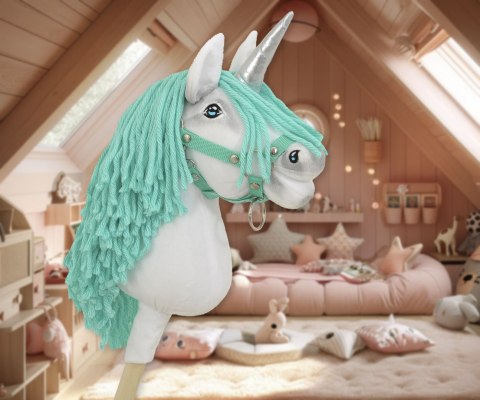 Hobby Horse Jednorożec na kiju biały, grzywa miętowa i srebrny róg A4