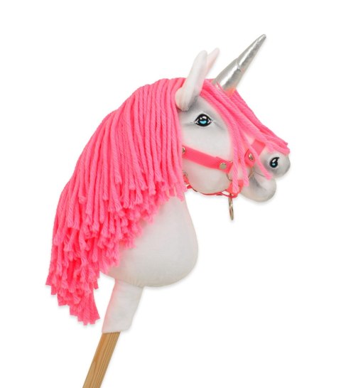 Hobby Horse Jednorożec na kiju biały, grzywa neon róż i srebrny róg A4