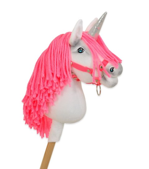 Hobby Horse Jednorożec na kiju biały, grzywa neon róż i srebrny róg A4