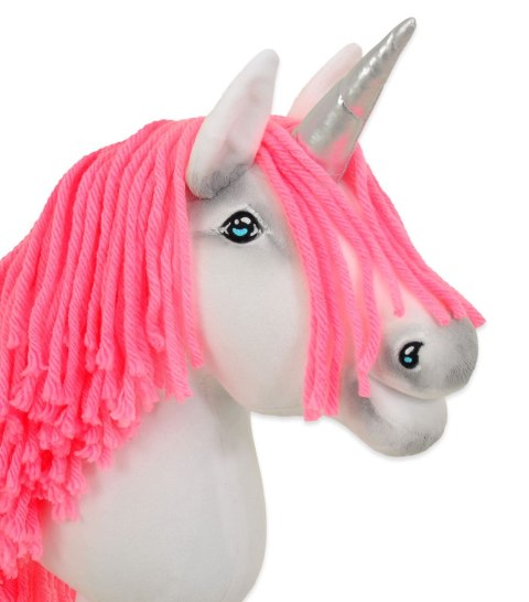 Hobby Horse Jednorożec na kiju biały, grzywa neon róż i srebrny róg A4