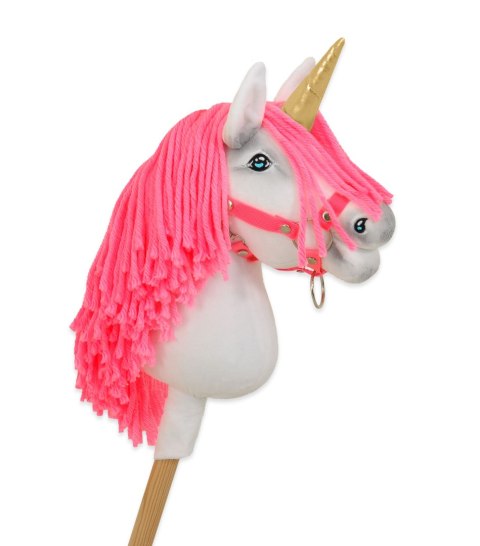 Hobby Horse Jednorożec na kiju biały, grzywa neonowy róż i złoty róg A4
