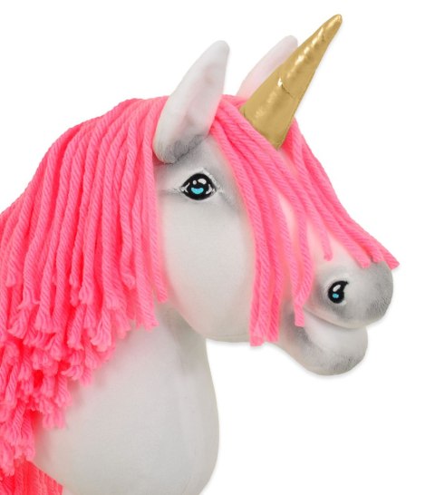 Hobby Horse Jednorożec na kiju biały, grzywa neonowy róż i złoty róg A4