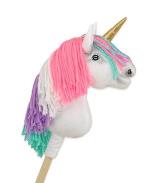 Hobby Horse Jednorożec na kiju biały z kolorową grzywą i złotym rogiem A4