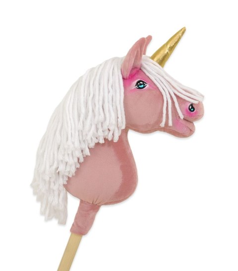 Hobby Horse Jednorożec na kiju brudny róż z białą grzywą i złotym rogiem A4