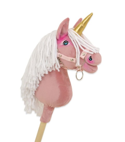Hobby Horse Jednorożec na kiju brudny róż z białą grzywą i złotym rogiem A4