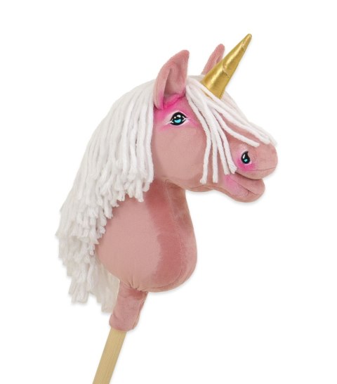 Hobby Horse Jednorożec na kiju brudny róż z białą grzywą i złotym rogiem A4