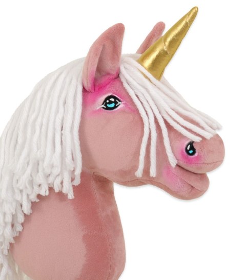 Hobby Horse Jednorożec na kiju brudny róż z białą grzywą i złotym rogiem A4