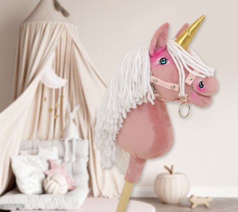 Hobby Horse Jednorożec na kiju brudny róż z białą grzywą i złotym rogiem A4