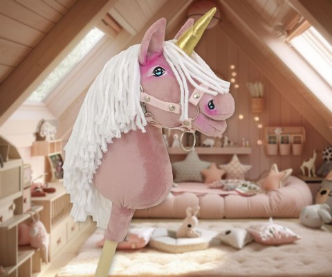 Hobby Horse Jednorożec na kiju brudny róż z białą grzywą i złotym rogiem A4