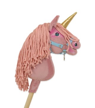 Hobby Horse Jednorożec na kiju brudny róż z różową grzywą i złotym rogiem A4