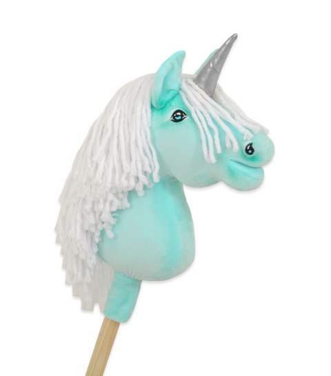 Hobby Horse Jednorożec na kiju miętowy z białą grzywą i srebrnym rogiem A4