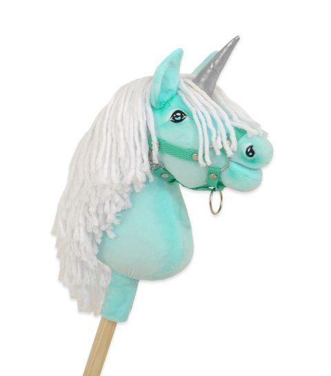 Hobby Horse Jednorożec na kiju miętowy z białą grzywą i srebrnym rogiem A4