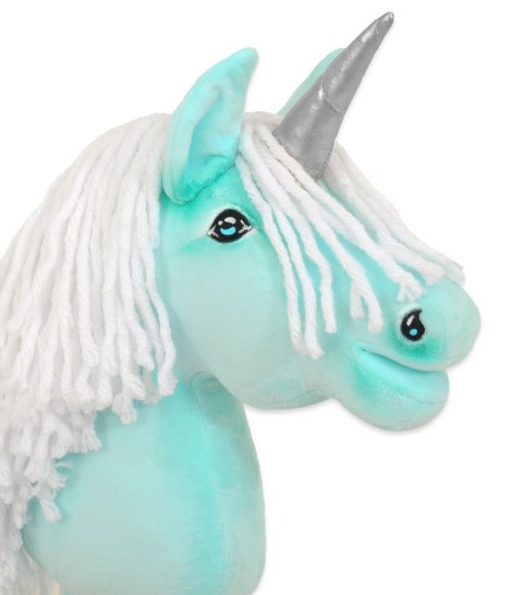 Hobby Horse Jednorożec na kiju miętowy z białą grzywą i srebrnym rogiem A4
